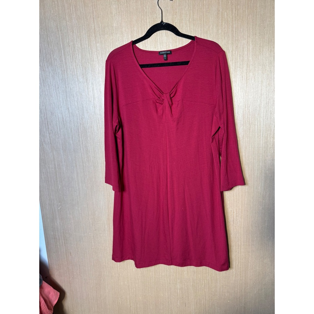 Eileen Fisher Womens XL Red Rayon Lycra Twist Knot V-Neck 3/4 Sleeve Tunic Dress